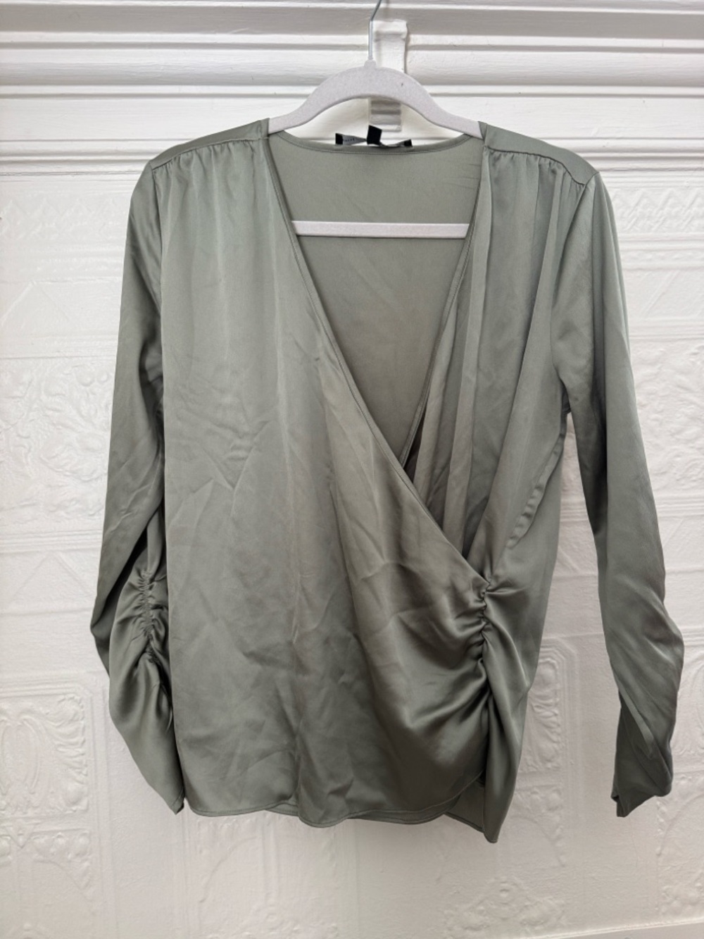 White House Black Market Olive Wrap Blouse with Ruching